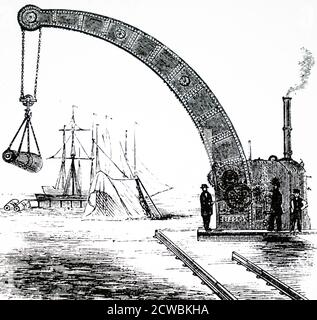 Gravure représentant la grue tubulaire à col de cygne de William Fairbairn (modèle de 10 tonnes) construite sur le même principe que le pont tubulaire Conwy et Britannia. Dans cette version, un moteur à vapeur a été placé sur la plate-forme de contrepoids. Banque D'Images