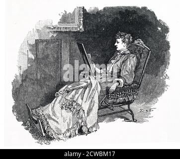 Gravure représentant une jeune femme assise dans une chaise pliante avec ses pieds étendus comme elle lit un livre. Banque D'Images