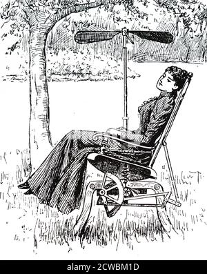 Gravure représentant une jeune femme assise dans une chaise à bascule de jardin avec un ventilateur attaché. Banque D'Images