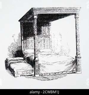 Gravure représentant un lit à baldaquin du XVIe siècle avec lit gigogne à côté. Banque D'Images