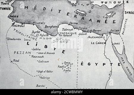 Photographie en noir et blanc de la Seconde Guerre mondiale (1939-1945); carte de la Libye et de l'Égypte et au début de la guerre montrant différents champs de bataille. Banque D'Images