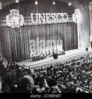 Photographie en noir et blanc de 'Images du monde: 1949-1950'; une réunion de l'UNESCO à Cleveland, Ohio, Etats-Unis. Banque D'Images