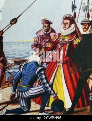 Illustration représentant Sir Francis Drake agenouillé devant la reine Elizabeth I. Sir Francis Drake (c. 1540 - 28 janvier 1596, était un capitaine de mer anglais, un corsaire, un commerçant d'esclaves, un pirate, un officier naval et un explorateur de l'époque élisabéthaine. Drake a effectué le deuxième tour du monde en une seule expédition, de 1577 à 1580, et a été le premier à terminer le voyage en tant que capitaine tout en dirigeant l'expédition tout au long du tour. Banque D'Images