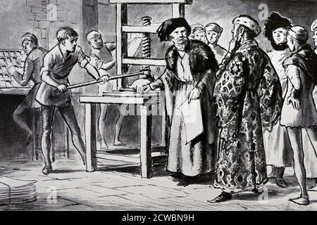 Illustration d'un livre d'histoire pour enfants représentant des visiteurs de la presse écrite de William Caxton. William Caxton (c. 1422 - c. 1491) était un marchand, un diplomate et un écrivain anglais. Il est considéré comme la première personne à introduire une presse à imprimer en Angleterre, en 1476, et en tant qu'imprimeur a été le premier détaillant anglais de livres imprimés. Banque D'Images