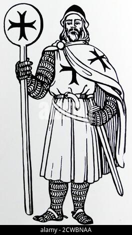 Illustration représentant un Templier ou simplement un Templier. Les Templiers sont un ordre militaire catholique fondé en 1119 et reconnu en 1139 par le taureau papal Omne datum Optimum. L'ordre était actif jusqu'en 1312 quand il a été perpétuellement supprimé par le Pape Clément V par le taureau Vox à excelso. Les Templiers sont devenus une œuvre de charité privilégiée tout au long de la chrétienté et ont connu une croissance rapide en termes d'appartenance et de pouvoir. Ils étaient importants dans la finance chrétienne. Les chevaliers des Templiers, dans leurs orties blanches distinctives avec une croix rouge, étaient parmi les unités de combat les plus qualifiées des Croisades. Banque D'Images