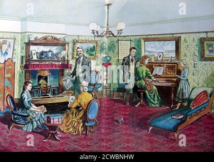 Illustration montrant une salle de dessin victorienne avec une famille se rassemblait autour d'un feu et d'un piano. Fin du XIXe siècle Banque D'Images