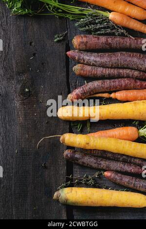 Assortiment de carottes crues colorées avec des herbes de thym frais sur une surface en bois noir. Vue de dessus. Avec l'espace de copie à gauche Banque D'Images