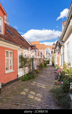 Une rue pavée idyllique avec des maisons colorées dans la vieille ville d'Aalborg, au Danemark Banque D'Images