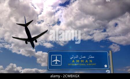 Silhouette d'avion atterrissage à Amman, Jordanie. Arrivée en ville avec panneau indiquant la direction de l'aéroport international et ciel bleu en arrière-plan. Voyage, voyage et Banque D'Images