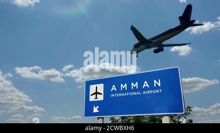 Silhouette d'avion atterrissage à Amman, Jordanie. Arrivée en ville avec panneau indiquant la direction de l'aéroport international et ciel bleu en arrière-plan. Voyage, voyage et Banque D'Images