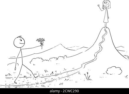 Dessin vectoriel de bâton de dessin dessin illustration conceptuelle de l'homme dans l'amour marchant avec la fleur pour rencontrer sa femme ou fille attendant sur la montagne ou la colline. Saint-Valentin, date et romance. Illustration de Vecteur