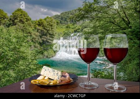 Deux verres de vin rouge avec assortiment de fromages et de viandes contre la cascade et la forêt verte. Banque D'Images