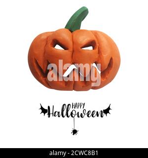 Carte de vœux Plasticine faite à la main pour Halloween. Illustration de la citrouille isolée sur fond blanc Banque D'Images