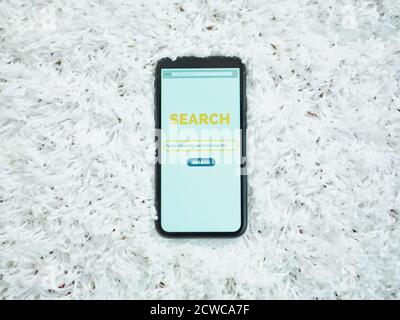 Vue supérieure du smartphone avec écran de recherche de service de nettoyage sur la moquette. Banque D'Images