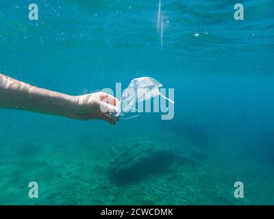 Main de l'homme collectant un masque protecteur jetable jeté dans la mer, pollution de l'océan. Déchets infectieux du coronavirus. Problème d'écosystème Banque D'Images