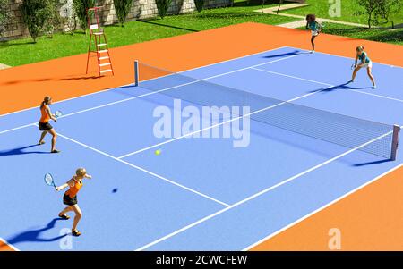 Les femmes jouant deux paires de tennis double match sur une journée ensoleillée, rendu 3d. Banque D'Images