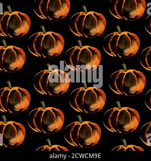 Motif sans couture aquarelle illustration citrouilles orange sur noir Banque D'Images