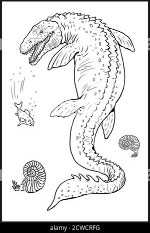 Reptile aquatique préhistorique - Mosasaurus. Dinosaure aquatique. Page de coloriage. Banque D'Images