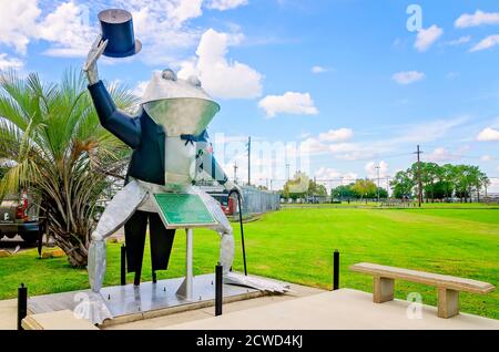 Monsieur Jacques, une statue de grenouille géante, est photographié le 12 septembre 2020, à Rayne, en Louisiane. La ville se considère comme la « capitale mondiale de la grenouille ». Banque D'Images