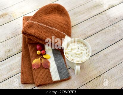 Toque et écharpe d'hiver chauds et délicieux chocolat chaud avec une crème à fouetter à déguster et à déguster en automne jours après les promenades dans les feuilles d'automne Banque D'Images