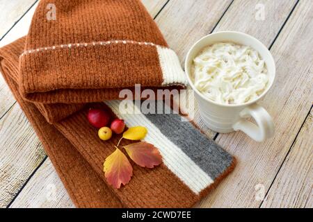 Toque et écharpe d'hiver chauds et délicieux chocolat chaud avec une crème à fouetter à déguster et à déguster en automne jours après les promenades dans les feuilles d'automne Banque D'Images