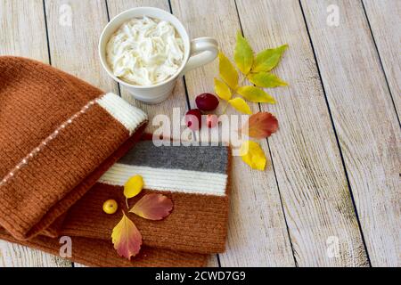 Toque et écharpe d'hiver chauds et délicieux chocolat chaud avec une crème à fouetter à déguster et à déguster en automne jours après les promenades dans les feuilles d'automne Banque D'Images