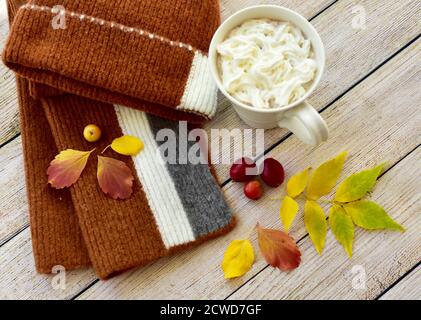 Toque et écharpe d'hiver chauds et délicieux chocolat chaud avec une crème à fouetter à déguster et à déguster en automne jours après les promenades dans les feuilles d'automne Banque D'Images