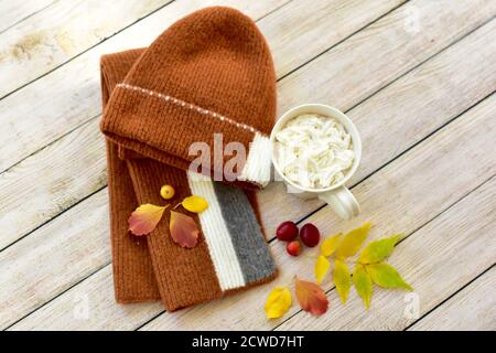 Toque et écharpe d'hiver chauds et délicieux chocolat chaud avec une crème à fouetter à déguster et à déguster en automne jours après les promenades dans les feuilles d'automne Banque D'Images