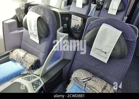 CHICAGO, il -1 SEP 2020- à l'intérieur de la cabine haut de gamme Polaris Business Class sur un Boeing 787 Dreamliner de United Airlines (UA). Banque D'Images