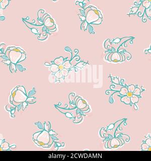 Motif floral rétro. Illustration vectorielle. Rose sauvage rétro, motif complet. Cuisine vintage, art populaire, motif fleuri dessiné à la main. Des motifs de dessin au trait et des formes découpées sur fond rose poussiéreux. Arrière-plan élégant de la nature. Parfait pour la cuisine, le papier peint et l'emballage cadeau. Illustration de Vecteur
