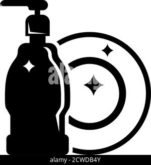 Liquide lave-vaisselle pour les mains avec plaque propre. Illustration de l'icône vecteur plat. Symbole noir simple sur fond blanc. Liquide lave-vaisselle pour les mains et si Illustration de Vecteur