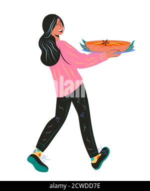 Une femme portant une illustration vectorielle de la tarte à la citrouille de Thanksgiving est isolée. Illustration de Vecteur