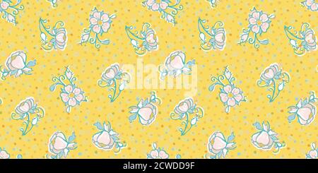 Motif de fleurs et de pois rétro. Illustration vectorielle. Rose sauvage rétro, motif complet. Cuisine vintage, art populaire, motif fleuri dessiné à la main. Des motifs artistiques alignés et des formes découpées sur un fond jaune vif. Arrière-plan élégant de la nature. Parfait pour la cuisine, le papier peint et l'emballage cadeau. Illustration de Vecteur