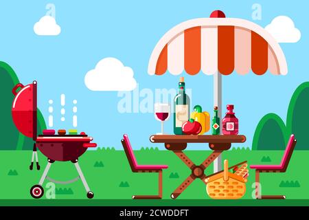 Pique-nique barbecue d'été, illustration vectorielle à plat. Barbecue, parasol, table avec nourriture et vin sur la prairie. Illustration de Vecteur