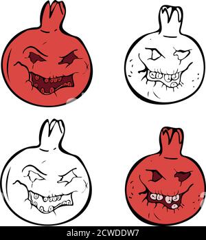 Grenade monstre style Halloween Vector. Ensemble de grenades maléfiques en couleur et silhouettes vectorielles. Ensemble de fruits de dessin animé. Illustration de Vecteur