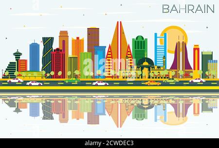 Bahreïn City Skyline avec les bâtiments couleur, ciel bleu et réflexions. Illustration vectorielle. Illustration de Vecteur