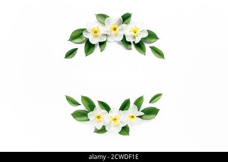 Cadre rond avec narcisse de fleur blanche, boutons de chamomiles, branches et feuilles isolées sur fond blanc. Plan plat, vue du dessus Banque D'Images