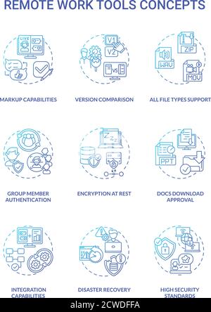 Ensemble d'icônes de concept des outils de travail à distance Illustration de Vecteur