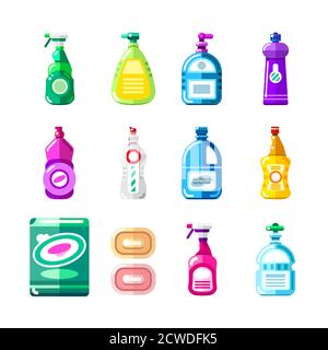 Produits chimiques ménagers, nettoyants et détergents. Illustration vectorielle de bouteilles multicolores, de conteneurs, d'emballages. Nettoyage maison et articles ménagers design el Illustration de Vecteur
