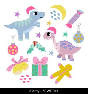 Ensemble de dinosaures et d'éléments de Noël mignons du nouvel an sur fond blanc, avec un motif vectoriel. Pour les cartes postales de conception, les affiches, le papier d'emballage, la couverture Illustration de Vecteur