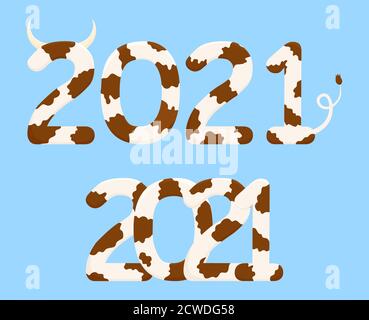Nouveaux chiffres chinois de l'année 2021, tachetés dans le style du boeuf , symboles de vache marron isolés sur fond bleu Illustration de Vecteur
