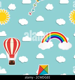 Arrière-plan de motif enfant sans couture avec arc-en-ciel, soleil, nuage, cerf-volant et ballon. Illustration vectorielle EPS10 Illustration de Vecteur