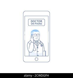 Médecin au téléphone icône de ligne mince isolée sur blanc. Illustration de Vecteur