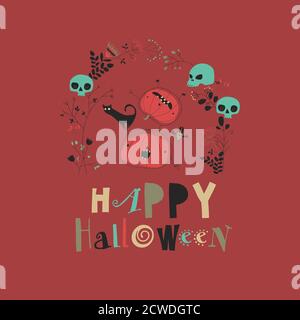 Illustration d'Halloween avec citrouille et chat sur fond rouge Illustration de Vecteur