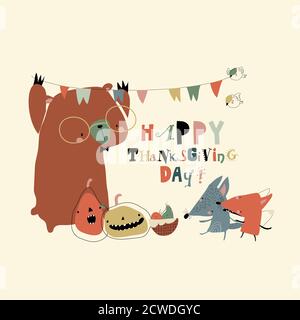 Mignon dessin animé animaux heureux célébrant le jour de Thanksgiving Illustration de Vecteur
