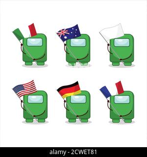 Parmi nous, le personnage de dessin animé vert apporte les drapeaux de divers pays Illustration de Vecteur