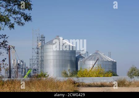 Construction d'un terminal de grain moderne sur fond bleu ciel. Silo cylindrique métallique et structure métallique de support pour le convoyeur de chargement. Distribution Banque D'Images