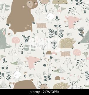 Motif sans couture avec animaux mignons dans la forêt d'automne Illustration de Vecteur