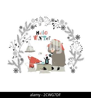 Renard mignon avec thé d'ours dans la forêt d'hiver Illustration de Vecteur