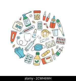 Médicaments, médicaments, pilules, bouteilles et éléments médicaux de soins de santé. Illustration à vecteur de couleur Illustration de Vecteur